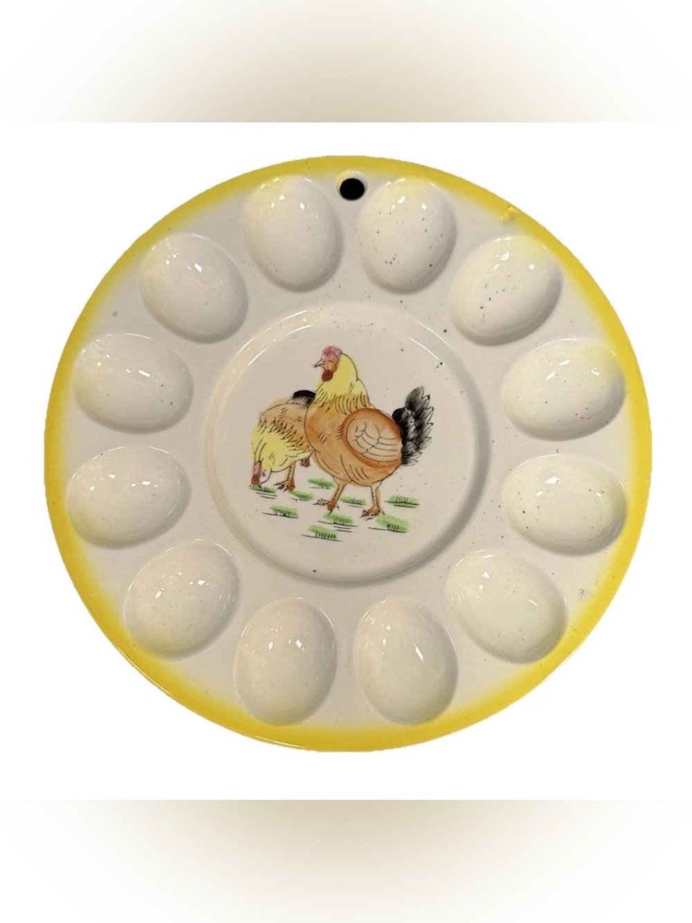 Vintage Hand Painted Ceramic Chicken Deviled Egg Platter Hole Yellow MCM 9.5"D